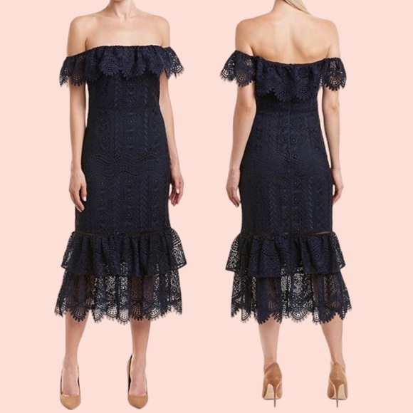 Shoshanna Dresses & Skirts - Shoshanna Midnight Celestina Off The Shoulder Lace Trumpet Dress